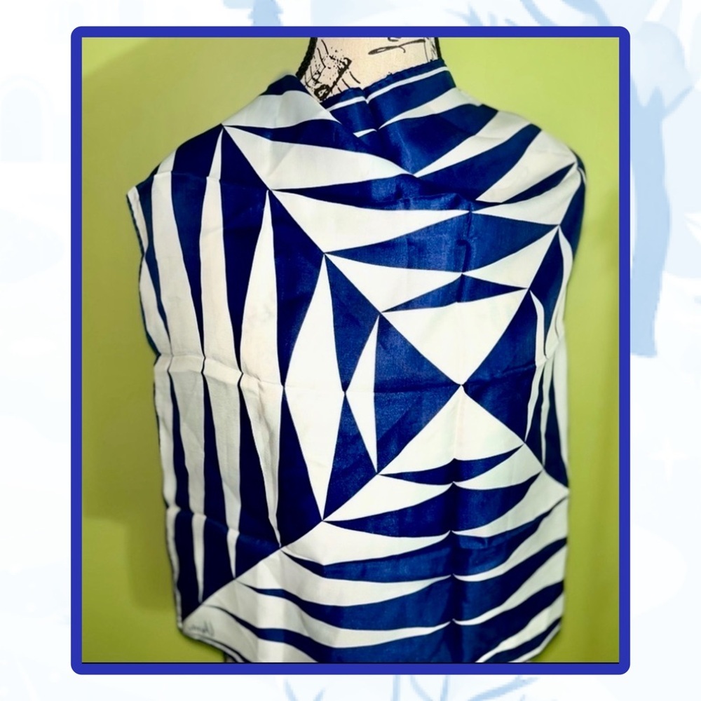 Vintage Vera Neumann Geometric Blue and White Silk Blend Scarf-Like New